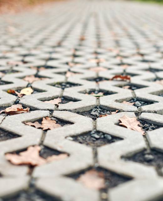 Paving stone with autumn leaves. Pattern paving stone with autumn leaves. Footpath in city park.