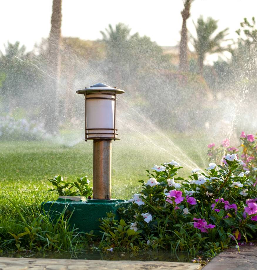 Plastic sprinkler irrigating flower bed on grass lawn with water in summer garden. Watering green vegetation duging dry season for maintaining it fresh. Garten- und Landschaftsbau in Anklam